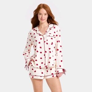 Auden Women's Jersey Long Sleeve Shirt and Shorts Pajama Set Hearts - Large NWT